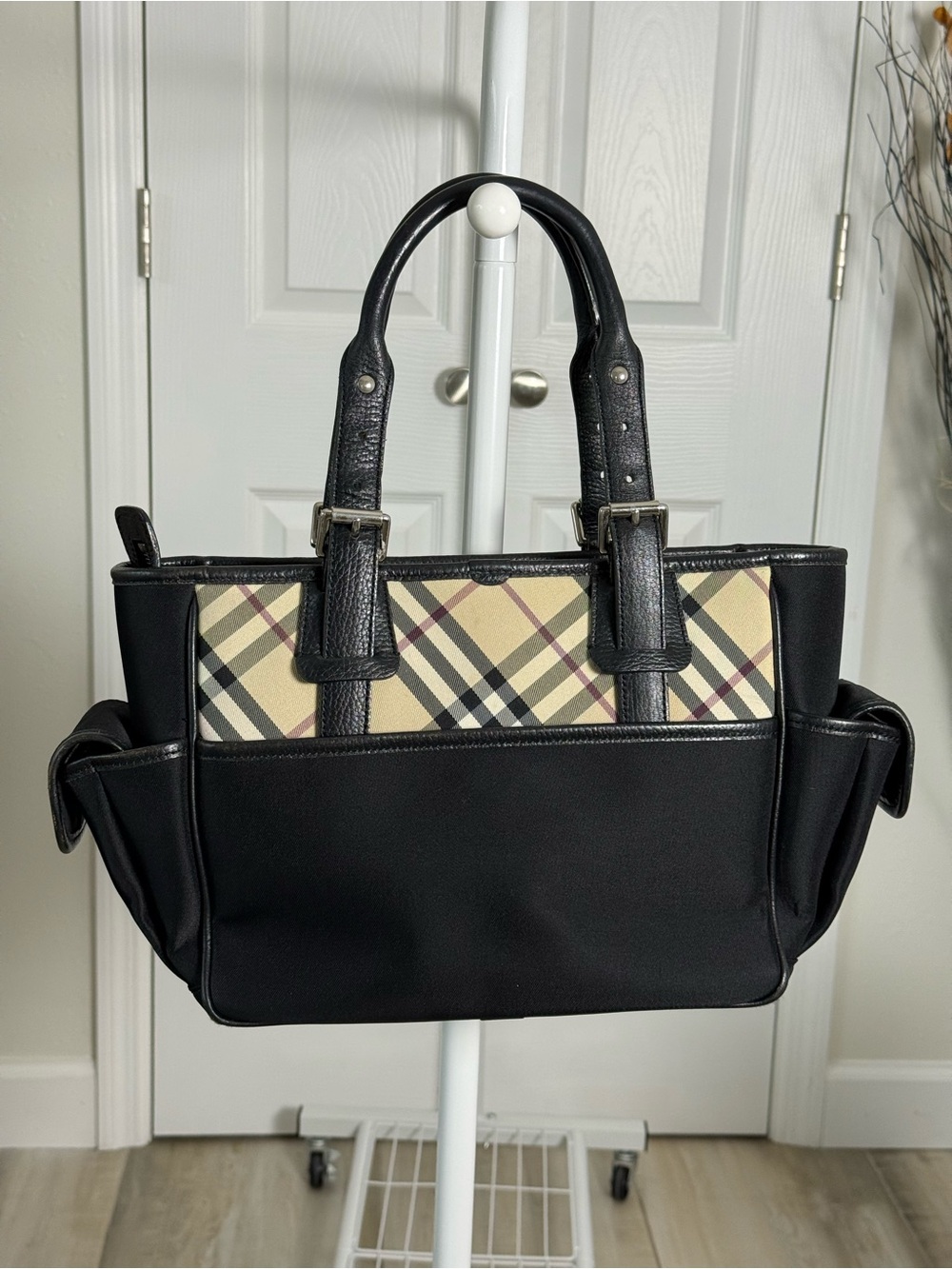 Burberry Black Tote with Beige Plaid Panel